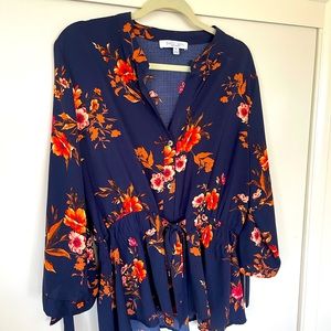 Navy Blue + Orange Floral blouse